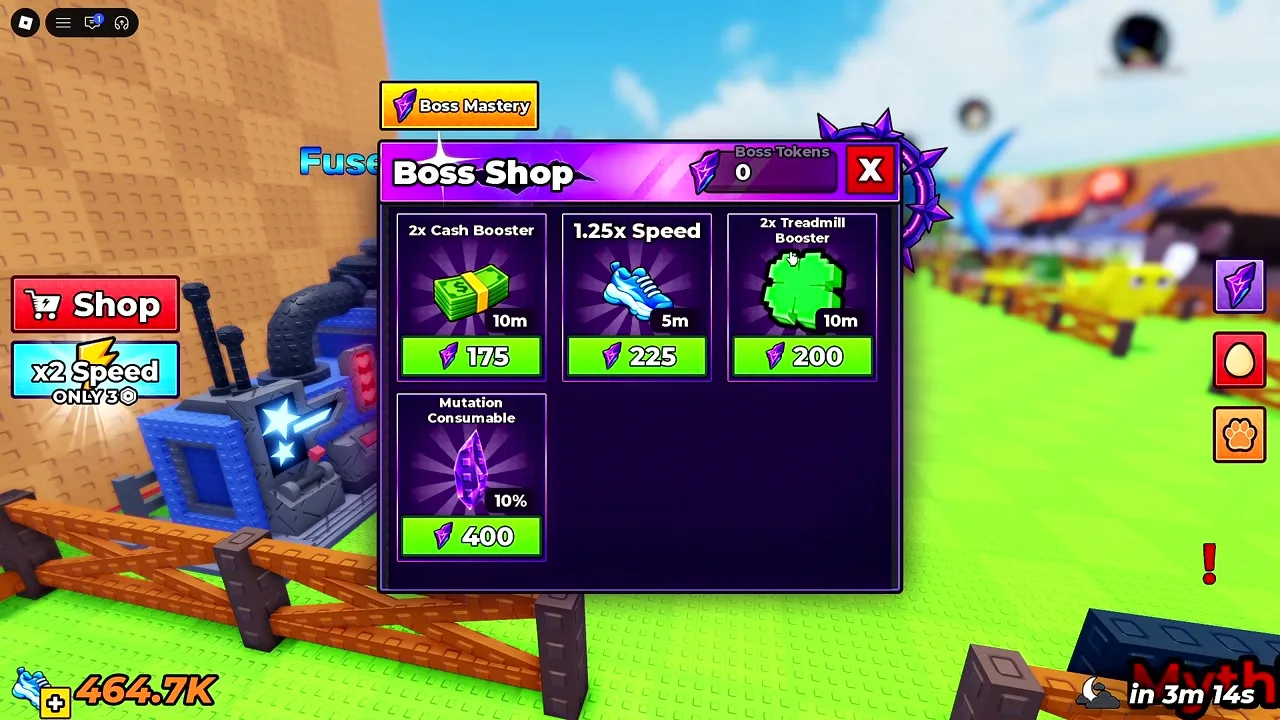 The Boss Shop, where cash and Robux purchases live alongside trail tiers
