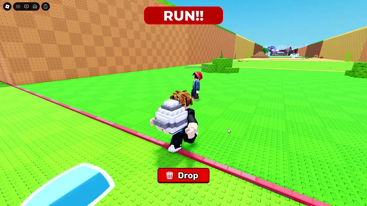 Carrying a stolen egg with the RUN!! warning and Drop button on screen